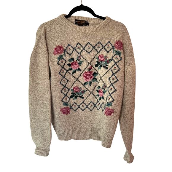 Vintage Eddie Bauer Wool Grandma Floral Tan Heather Sweater SZ L - Picture 1 of 6